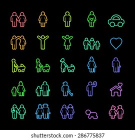 Set of Universal Minimal Thin Line Colored Neon Stroke Family Icons with Color Gradient on Black Background.