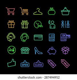 Set of Universal Minimal Thin Line Colored Neon Stroke Shopping Icons with Color Gradient on Black Background 1.