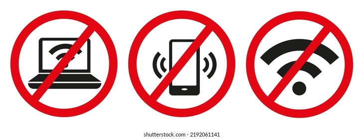 Set of universal mobile phone, laptop and wifi prohibition icons.