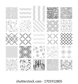 Set von universellen, monochromen, geometrischen, nahtlosen Mustern. Kollektion von Vektorhintergründen. 25 verschiedene, monochrome geometrische Ornamente. Schwarze Elemente auf weißem Hintergrund.