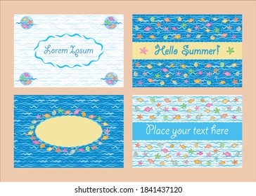 Set of universal multicolor marine cards with place for text, sea ​​waves, fish, starfish, seashells and air bubbles. Sea style cute design for greeting card, banner, flayer, book cover, poster.