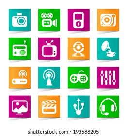 Set of Universal Multimedia Icons on Square Colored Buttons 2.