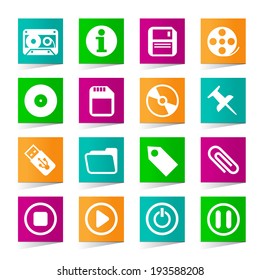 Set of Universal Multimedia Icons on Square Colored Buttons 3.
