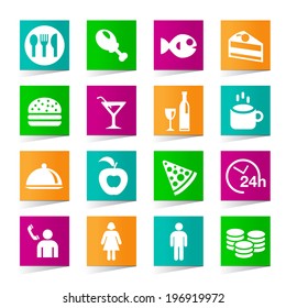 Set of Universal Restaurant Icons on Square Colored Buttons on White Background.