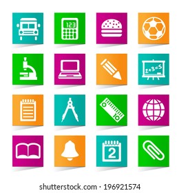 Set of Universal School Icons on Square Colored Buttons on White Background.