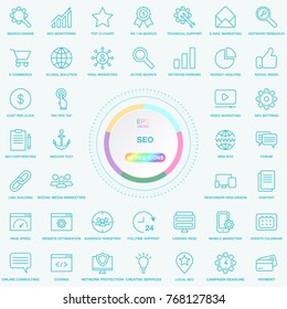 Set of Universal SEO Search Engine Optimisation Line Icons. Web, Blog And Social Media Buttons. EPS10 Vector Illusitration Isolated On Background.