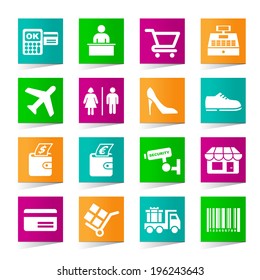 Set of Universal Shopping Icons on Square Colored Buttons on White Background 3.