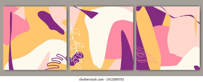 Set of universal Square Abstract Backgrounds Hand drawn doodle various shapes, leaves,  spots, etc. Every backdrop is isolated. Suitable for  social media posts, publications, etc Vector illustration.