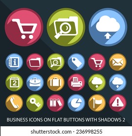 Set of Universal and Standard Business Icons on Flat Circular Colored Buttons with Shadows 2 on Black Background (isolated elements)