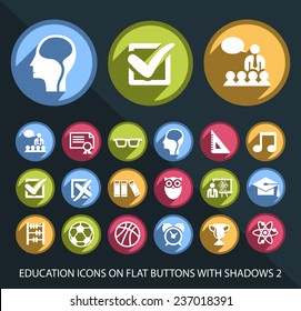 Set of Universal and Standard Education Icons on Flat Circular Colored Buttons with Shadows 2 on Black Background (isolated elements)