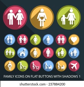 Set of Universal and Standard Family Icons on Flat Circular Colored Buttons with Shadows 1 on Black Background (isolated elements)