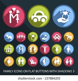 Set of Universal and Standard Family Icons on Flat Circular Colored Buttons with Shadows 3 on Black Background (isolated elements)