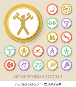 Set of Universal Standard Fitness Icons on Elegant Modern Three-dimensional Colored Circular Buttons on Colored Background 3.