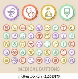 Set of Universal Standard Medical Icons on Elegant Modern Three-dimensional Colored Circular Buttons on Colored Background.