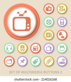 Set of Universal Standard Multimedia Icons on Elegant Modern Three-dimensional Colored Circular Buttons on Colored Background 2.