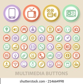 Set of Universal Standard Multimedia Icons on Elegant Modern Three-dimensional Colored Circular Buttons on Colored Background.