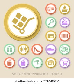 Set of Universal Standard Shopping Icons on Elegant Modern Three-dimensional Colored Circular Buttons on Colored Background 3.