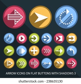 Set of Universal and Standard White Arrow Icons on Flat Circular Colored Buttons with Shadows 3 on Black Background (isolated elements)