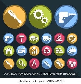 Conjunto de ícones de construção em branco padrão e universal em botões de cor circular plana com sombras 1 no fundo preto (elementos isolados)