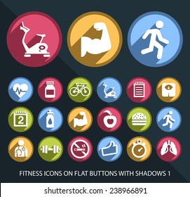 Set of Universal and Standard White Fitness Icons on Flat Circular Colored Buttons with Shadows 1 on Black Background (isolated elements)