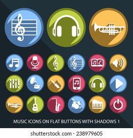 Set of Universal and Standard White Music Icons on Flat Circular Colored Buttons with Shadows 1 on Black Background ( isolated elements )