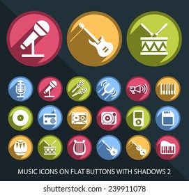Set of Universal and Standard White Music Icons on Flat Circular Colored Buttons with Shadows 2 on Black Background ( isolated elements )