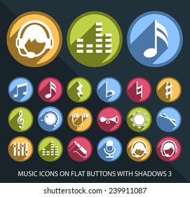 Set of Universal and Standard White Music Icons on Flat Circular Colored Buttons with Shadows 3 on Black Background ( isolated elements )