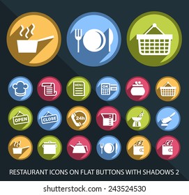 Set of Universal and Standard White Restaurant Icons on Flat Circular Colored Buttons with Shadows on Black Background 3 ( isolated elements )