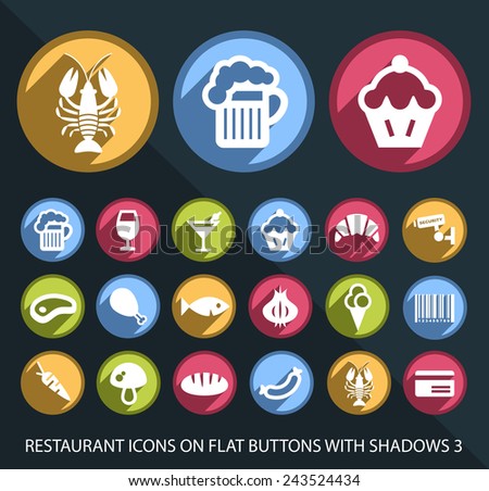 Set of Universal and Standard White Restaurant Icons on Flat Circular Colored Buttons with Shadows on Black Background 2 ( isolated elements )