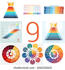 Set universal templates elements Infographics conceptual cyclic processes for 9 positions possible to use for workflow, banner, diagram, web design, timeline, area chart,number options