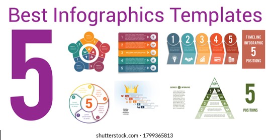 Set universal templates for Infographics conceptual cyclic processes for 5 positions possible to use for workflow, banner, diagram, web design, timeline, area chart,number options