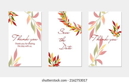 Eine Reihe universeller Vorlagen für Einladungen und Postkarten. Herbstblatt-Design in Herbstfarben.Hochzeitskonzept.