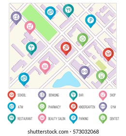 Set Universal Theme Vector Modern Simple Icons Point Of Interest For Web Design And Mobile App. The Color Map Scheme Plan.