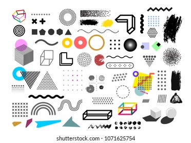 Set of universal trend halftone geometric shapes juxtaposed with bright bold color elements composition. Design elements for leaflet, billboard, sale. Vector illustration. Isolated on white background