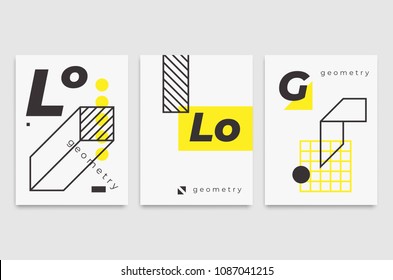 Set universal trend posters. Linear geometric shapes set with halftone elements, bright bold yellow decorative composition. Design for Magazine, music festival, leaflet, billboard, sale