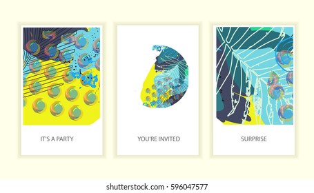 Set of universal tropic style posters. Creative hand drawn floral textures. Tropical design cards for wedding, anniversary, birthday, Valentin's day, party invitations. 