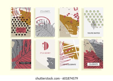 Set of universal tropic style posters. Creative hand drawn trendy textures. Tropical unique cards for wedding, anniversary, birthday, Valentin's day, party invitations.  