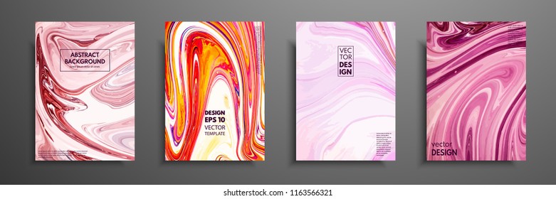 Set of universal vector cards. Liquid marble texture. Colorful design for invitation, placard, brochure, poster, banner, flyer. Artistic covers design. Creative fluid colors backgrounds