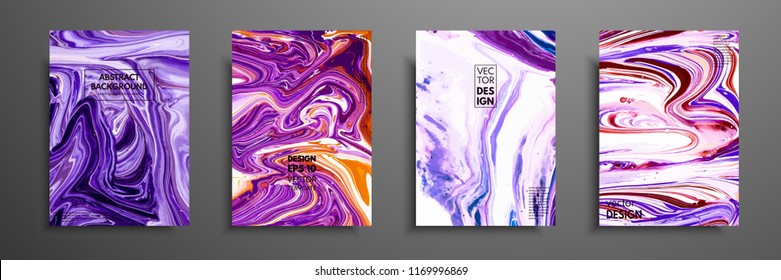 Set of universal vector cards. Liquid marble texture. Colorful design for invitation, placard, brochure, poster, banner, flyer. Artistic covers design. Creative fluid colors backgrounds