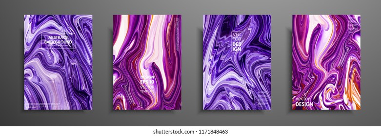 Set of universal vector cards. Liquid marble texture. Colorful design for invitation, placard, brochure, poster, banner, flyer. Artistic covers design. Creative fluid colors backgrounds.