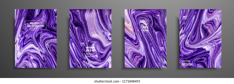 Set of universal vector cards. Liquid marble texture. Colorful design for invitation, placard, brochure, poster, banner, flyer. Artistic covers design. Creative fluid colors backgrounds.