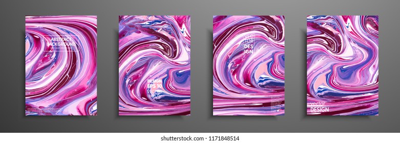 Set of universal vector cards. Liquid marble texture. Colorful design for invitation, placard, brochure, poster, banner, flyer. Artistic covers design. Creative fluid colors backgrounds.