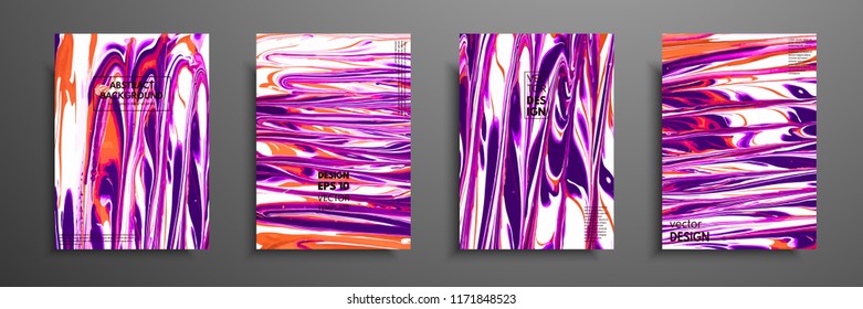 Set of universal vector cards. Liquid marble texture. Colorful design for invitation, placard, brochure, poster, banner, flyer. Artistic covers design. Creative fluid colors backgrounds.