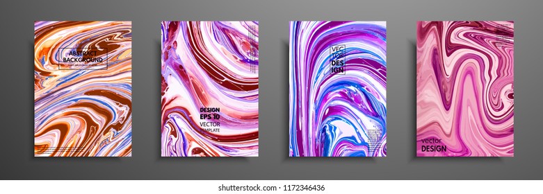 Set of universal vector cards. Liquid marble texture. Colorful design for invitation, placard, brochure, poster, banner, flyer. Artistic covers design. Creative fluid colors backgrounds.