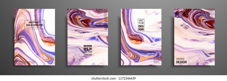 Set of universal vector cards. Liquid marble texture. Colorful design for invitation, placard, brochure, poster, banner, flyer. Artistic covers design. Creative fluid colors backgrounds.