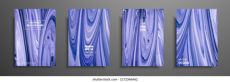 Set of universal vector cards. Liquid marble texture. Colorful design for invitation, placard, brochure, poster, banner, flyer. Artistic covers design. Creative fluid colors backgrounds.