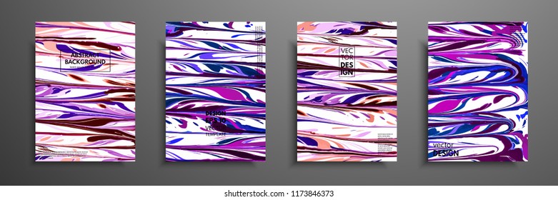 Set of universal vector cards. Liquid marble texture. Colorful design for invitation, placard, brochure, poster, banner, flyer. Artistic covers design. Creative fluid colors backgrounds.