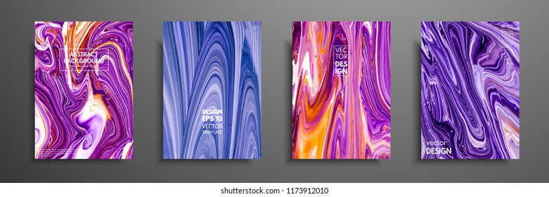 Set of universal vector cards. Liquid marble texture. Colorful design for invitation, placard, brochure, poster, banner, flyer. Artistic covers design. Creative fluid colors backgrounds.