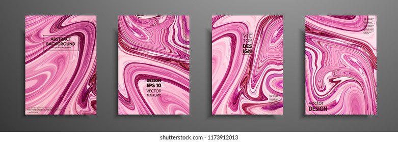 Set of universal vector cards. Liquid marble texture. Colorful design for invitation, placard, brochure, poster, banner, flyer. Artistic covers design. Creative fluid colors backgrounds.