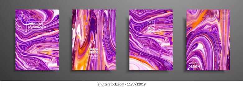 Set of universal vector cards. Liquid marble texture. Colorful design for invitation, placard, brochure, poster, banner, flyer. Artistic covers design. Creative fluid colors backgrounds.